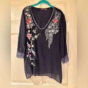 Johnny Was Blue Floral Embroidered Tunic Blouse